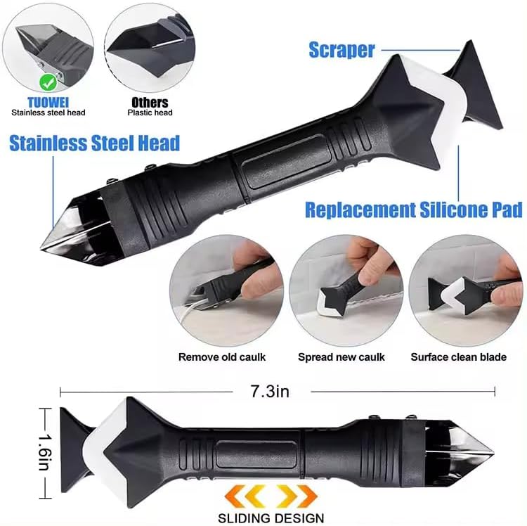 2 Pack 3-IN-1 Caulk Tool for Removal and Application, for Bathroom, Kitchen, Flooring, Windows, Sinks and Frames Seal