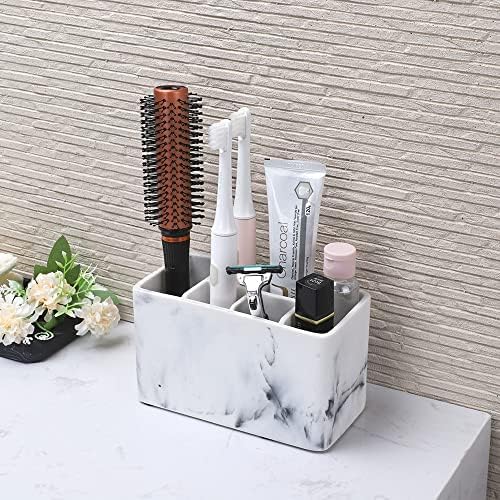 Marble Look Toothbrush Holder for Bathroom Countertop Organizer, Holds Toothpaste, Dental Floss, Razor, Comb, Makeup Brushes, and More, Stylish Bathroom Accessory for Tooth Brushing Essentials
