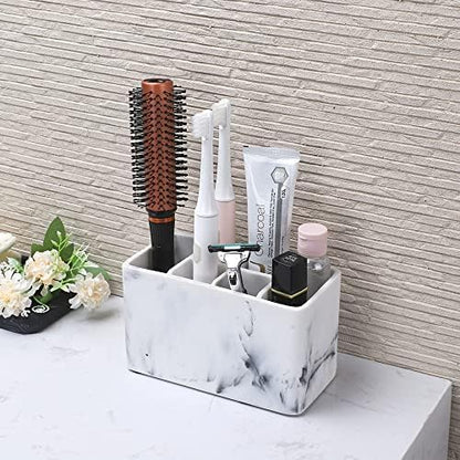 Marble Look Toothbrush Holder for Bathroom Countertop Organizer, Holds Toothpaste, Dental Floss, Razor, Comb, Makeup Brushes, and More, Stylish Bathroom Accessory for Tooth Brushing Essentials
