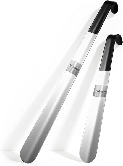 2 Pack Metal Shoe Horn, 16.5" Long Handle for Home + 11.8" Portable Travel Size, Premium Stainless Steel Shoehorn, Non-Slip Grip Shoe Helper for Boots Seniors