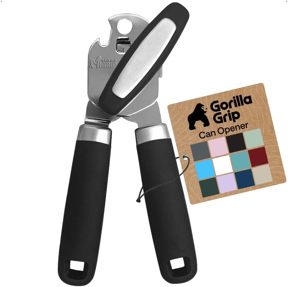 GORILLA GRIP Original Model Stainless Steel Smooth Edge Manual Can Opener and Bottle Openers, US Designed, Comfortable Handle, Oversized Handheld Turn Knob, Multifunctional Kitchen Tool, Gray