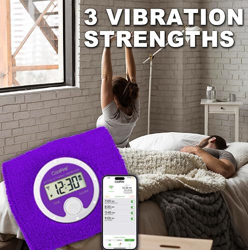 Coolfire Vibrating Alarm Clock Wristband, Silent Wake-Up Watch for Heavy Sleepers, Won’t Disturb Partner, Couples/Roommates, Deaf/Hearing Impaired, 4 Alarms, Bluetooth App, Rechargeable (Purple)