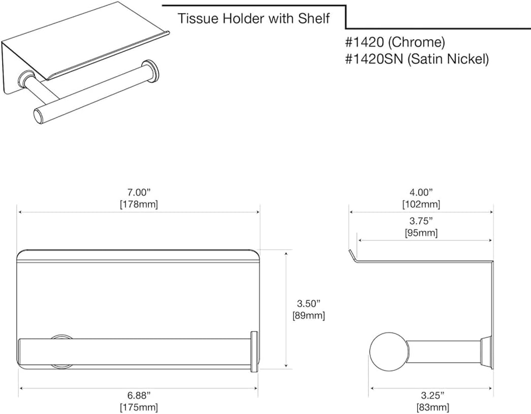 Gatco 1420 Latitude II Toilet Paper Holder with Shelf, Wall Mounted Bathroom Tissue Holder, Chrome