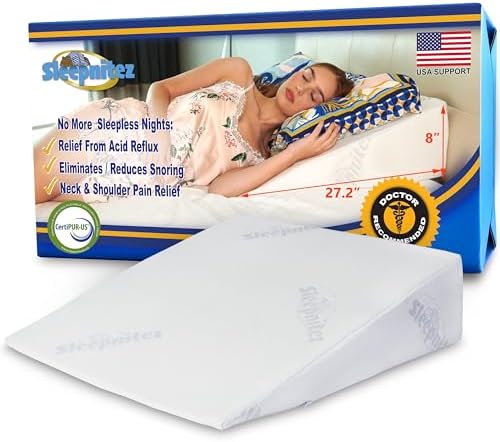 12" Bed Wedge Pillow for GERD, Acid Reflux, Sleep Apnea, Snoring | Cooling 3" memory foam top and cover for side sleepers, post-surgery, back support and leg elevation U-shaped easy-off/on zip