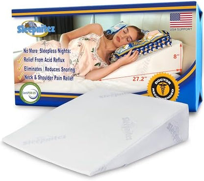 12" Bed Wedge Pillow for GERD, Acid Reflux, Sleep Apnea, Snoring | Cooling 3" memory foam top and cover for side sleepers, post-surgery, back support and leg elevation U-shaped easy-off/on zip