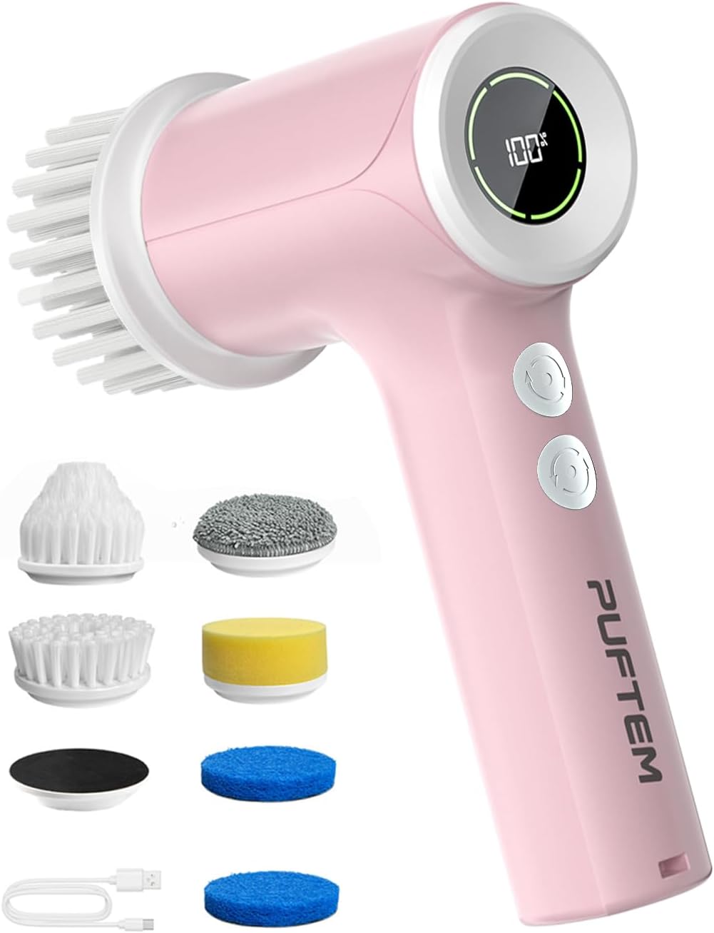 PUFTEM Electric Shower Scrubber, Cordless Bathroom Scrubber, Dual Direction | Dual Direction Cleaning, 6 Replaceable Brush Heads, IPX7 Waterproof, Kitchen, Grout, Tile, Tub, Sink and Corner Cleaning