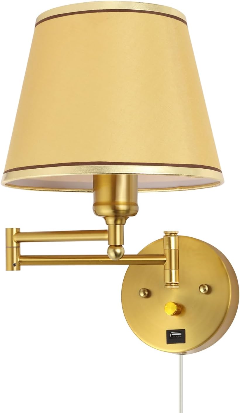 Swing Arm Wall Lamp Plug in Wall Sconces Adjustable Vintage Industrial Reading Light Bedside Wall Mount Light with Dimmable Switch and USB Port Black