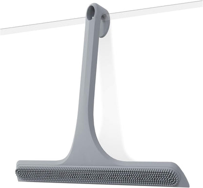 2-in-1 Silicone Shower Squeegee with Hook,Dual-Sided Design with Scraper & Scrub Surface,Rust-Proof Stainless Core,Streak-Free Bathroom Squeegee for Glass Doors,Mirrors,Windows,Car Windshields (Black)
