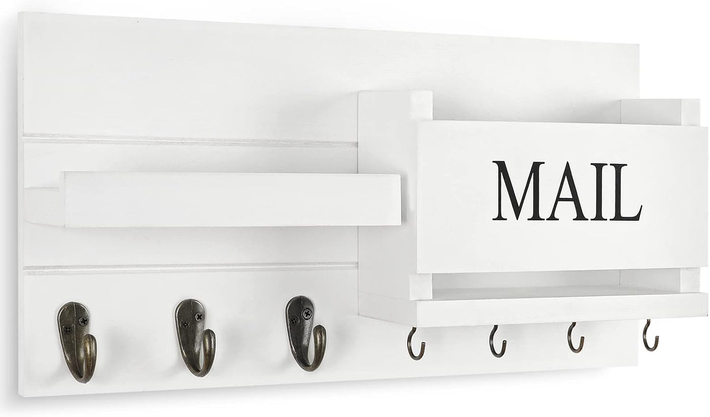 Lwenki Mail Organizer for Wall Mount – Key Holder with Shelf Includes Letter Holder and Hooks for Hallway Farmhouse Decor – Rustic Wood with Flush Mounting Hardware (16.5” x 9.1” x 3.4”) (White)