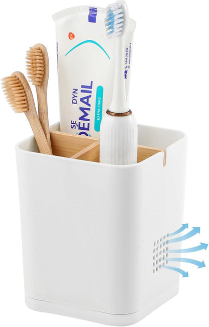 Electric Toothbrush Holder Tooth Brush and Toothpaste Organizer, Black | 3 Slots, Drainage Holes, Removable Bamboo Divider, Ventilation Design, Space-Saving, for Bathroom Countertop, Shower, Vanity