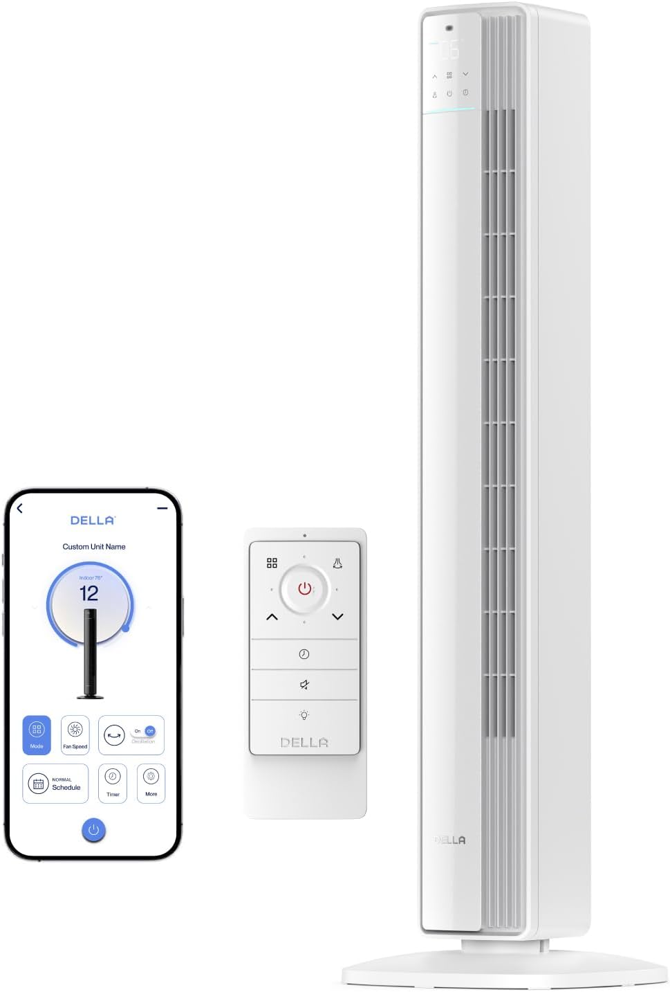 Della 42" Smart Tower Fan, Ultra Quiet 23dB Cooling Fan with 12 Speeds, 90° Oscillating, 28ft/s Airflow, DC Motor, 24H Timer, Voice/App/Remote Control for Bedroom Office Living Room, White
