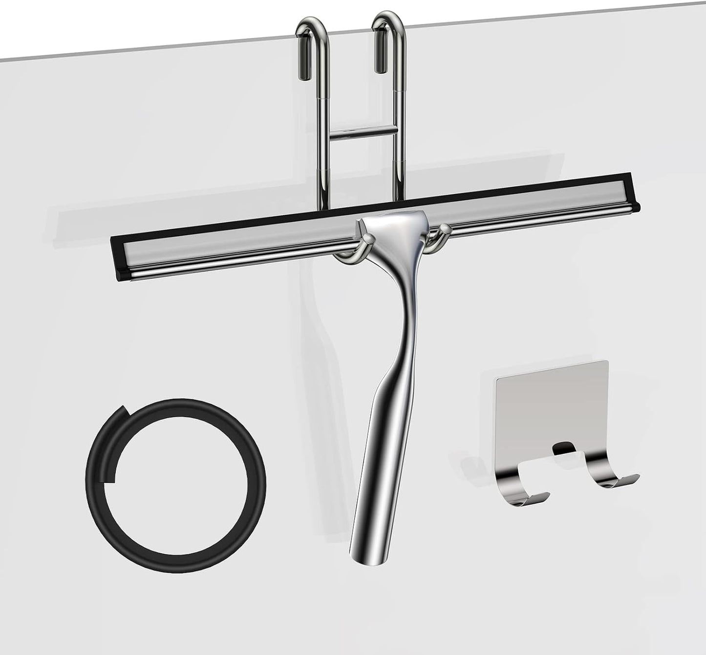 Black Shower Squeegee for Glass Door 12-Inch Bathroom Squeegee Window Wiper, with Shower Door Hook, Adhesive Hook, Spare Silicone Blade for Window Mirror Car All-Purpose Squeegee