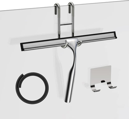 Black Shower Squeegee for Glass Door 12-Inch Bathroom Squeegee Window Wiper, with Shower Door Hook, Adhesive Hook, Spare Silicone Blade for Window Mirror Car All-Purpose Squeegee