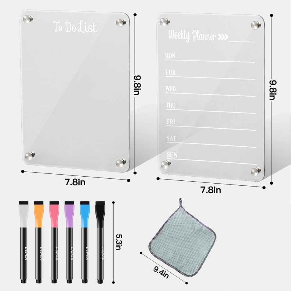 2 Pack Magnetic Acrylic Fridge Calendar Whiteboard Weekly Planner | Weekly Calendar & To-Do List Set. Includes 6 Markers, Towel, 2 Black Backings & 8 Nano Silicone Pads.