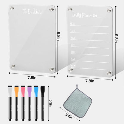 2 Pack Magnetic Acrylic Fridge Calendar Whiteboard Weekly Planner | Weekly Calendar & To-Do List Set. Includes 6 Markers, Towel, 2 Black Backings & 8 Nano Silicone Pads.