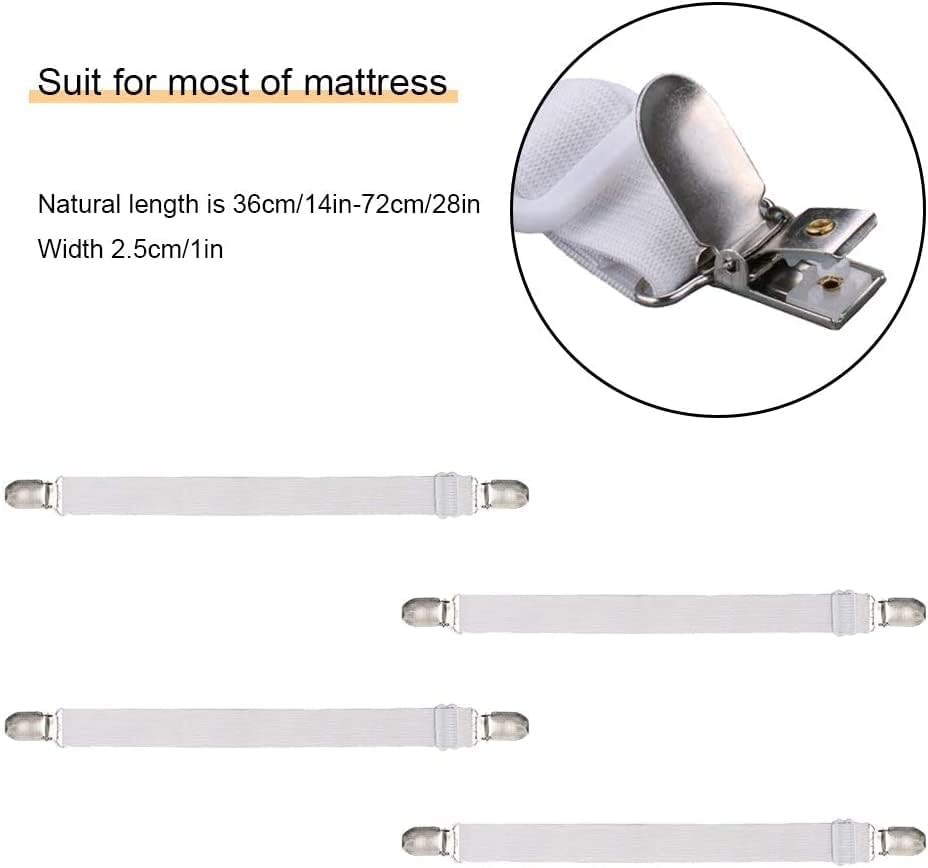 Adjustable Bed Sheet Straps Clips, Elastic Mattress Sheet Fasteners Holder and Suspenders, Grippers to Hold Sheet, Mattress, Sofa, Couch, Table Cloth, Recliner Ironing Board Cover and More