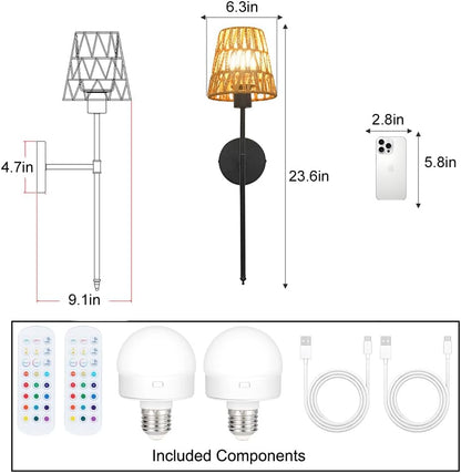 Boho Battery Operated Wall Sconces, Rattan Wall Sconce Set of 2 with Remote, RGB 15 Colors Dimmable Rechargeable Wall Light, Black Indoor Wireless Wall Lamp, Farmhouse Rattan Wall Lighting for Bedroom