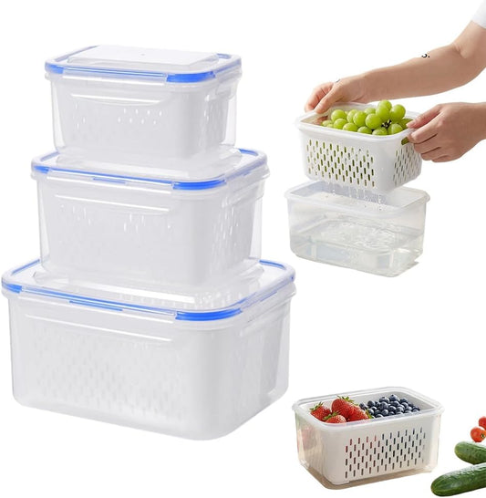 4-in-1 Large Fruit Storage Container with Removable Colander, Leakproof Produce Keeper for Fridge, BPA-Free & Microwave Safe Food Organizer (Grey, S+M+L)