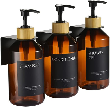 Shampoo and Conditioner Dispenser Set of 3 for Wall Mount | 16.9 fl oz Drill Free Shower Soap Bottles,Refillable Body Wash Dispensers for Bathroom Decor (Amber Bottles + Bamboo Pumps)