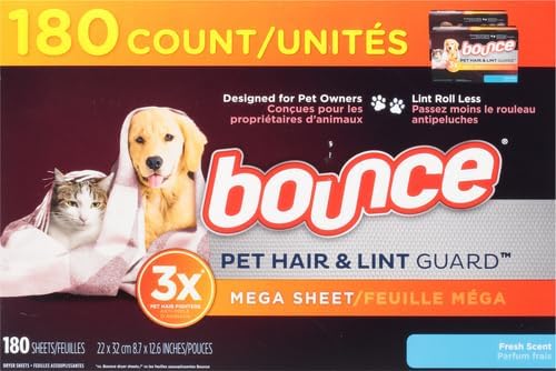 Bounce Pet Hair and Lint Guard Mega Dryer Sheets with 3X Pet Hair Fighters, Fresh Scent, 180 Count