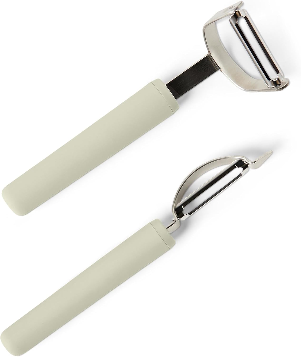 Amazon Basics Vegetable Peelers with Ultra-Sharp Stainless Steel Swivel Blades, Non-Slip Soft-Touch Handle, Protective Covers, 2-Piece Set, Dishwasher-Safe, Linen Gray