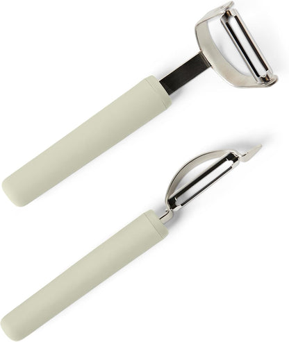Amazon Basics Vegetable and Potato Peelers with Ultra-Sharp Stainless Steel Swivel Blades, Non-Slip Soft-Touch Handle, Protective Covers, 2-Piece Set, Dishwasher-Safe, Linen Gray