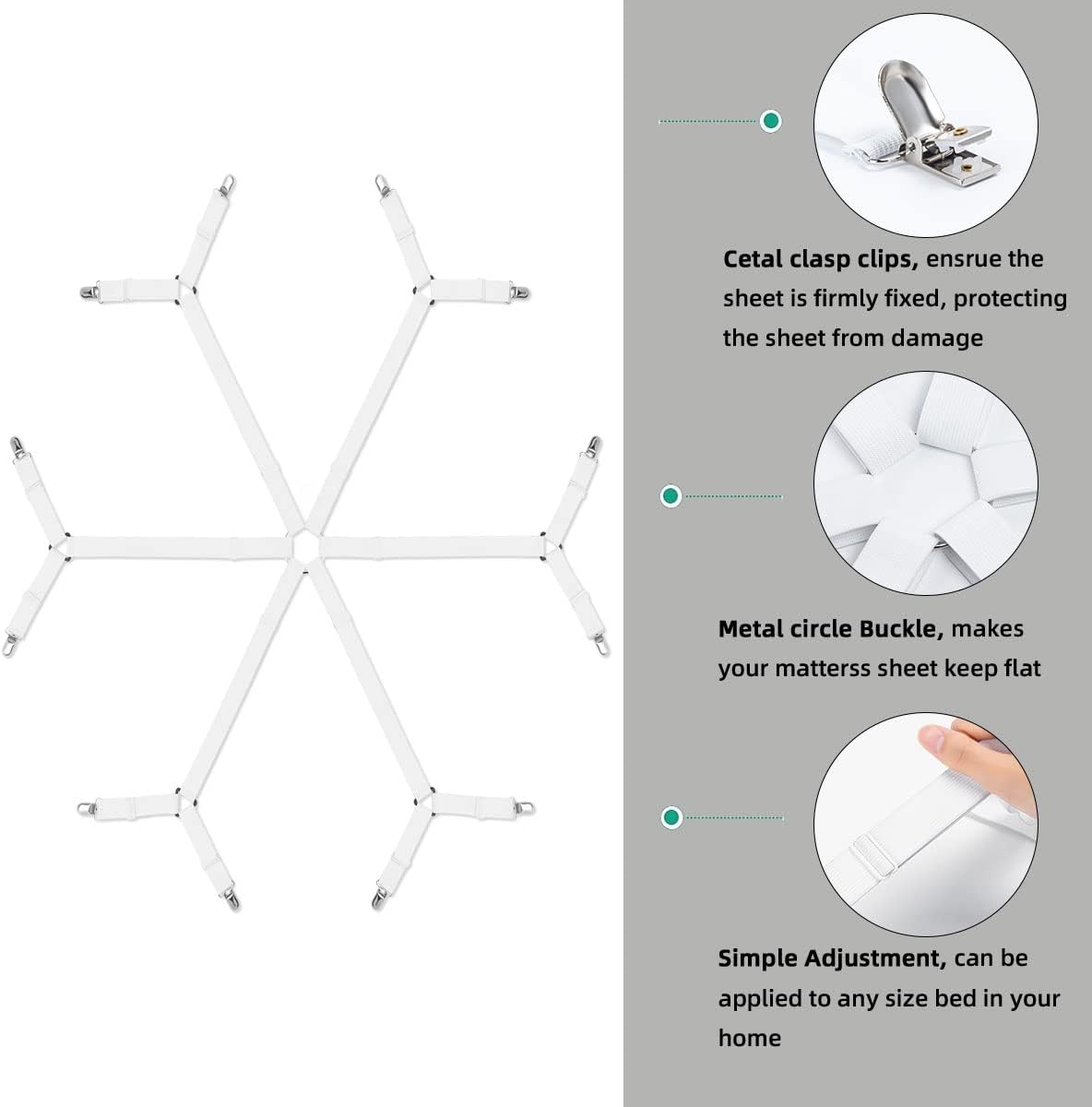Sheet Fasteners, Adjustable Elastic Bed Sheet Holder Straps for Full,Queen,King Twin Bed,6 Way Cross Sheet Clips Suspenders Band,Fitted Round and Square Mattresses