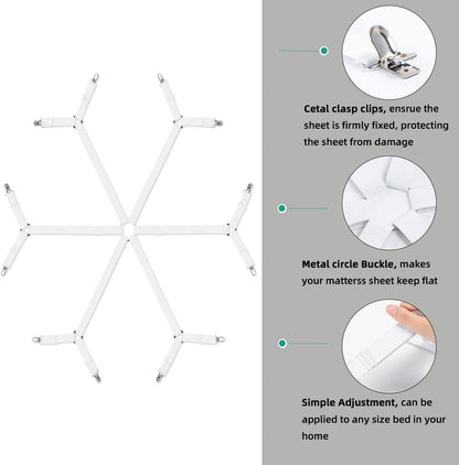 Sheet Fasteners, Adjustable Elastic Bed Sheet Holder Straps for Full,Queen,King Twin Bed,6 Way Cross Sheet Clips Suspenders Band,Fitted Round and Square Mattresses
