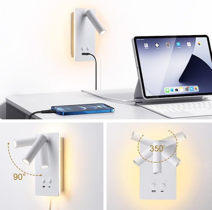 LED Wall Lamp Wall Mounted Reading Lights, Adjustable Headboard Plug in Wall Sconce with USB C+A Ports, Headboard Bedside Lamp with 9W+3W Night Light 3000K (White)