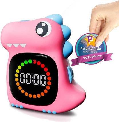 Pink Dinosaur Visual Timer for Kids, Girls Potty Training Timer | Color Countdown, Rechargeable, LED Screen, 99 Minute, Toddler, Children, Transition, 2-Min Toothbrush Setting, Hand Washing