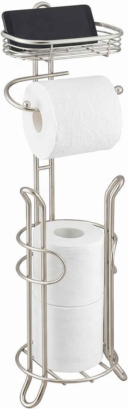 SunnyPoint Bathroom Heavyweight Toilet Tissue Paper Roll Storage Holder Stand with Reserve and Shelve, The Reserve Area Has Enough Space to Store Mega Rolls. (Chrome)