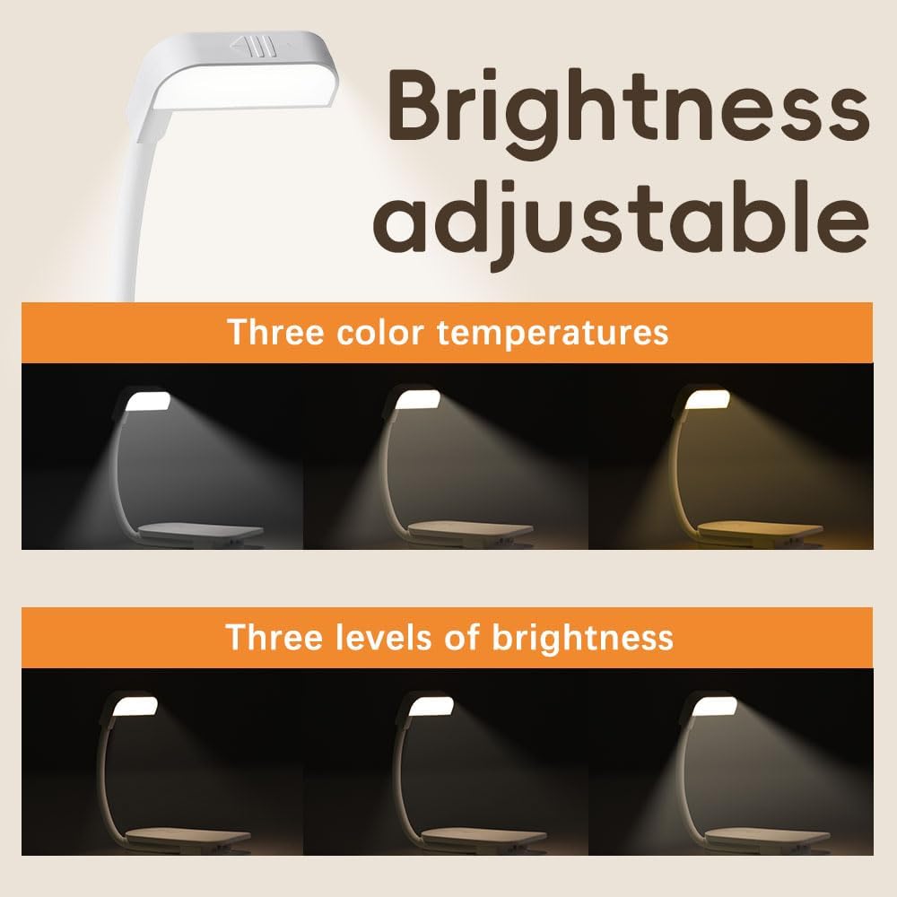 Book Light, Rechargeable on Reading Light, Eye Caring 3 Color | 3 Colors, Dimming Brightness, Lightweight, USB Rechargeable