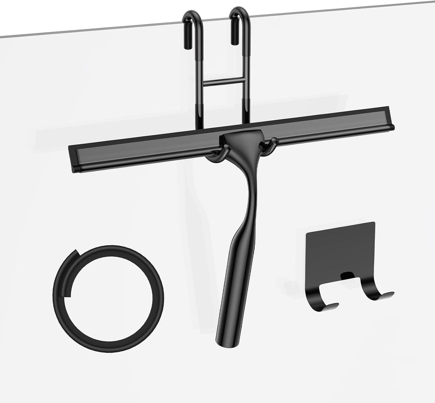 Black Shower Squeegee for Glass Door 12-Inch Bathroom Squeegee Window Wiper, with Shower Door Hook, Adhesive Hook, Spare Silicone Blade for Window Mirror Car All-Purpose Squeegee
