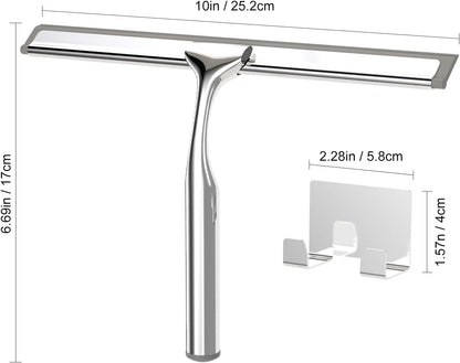 Shower Squeegee for Glass Doors, Stainless Steel Shower Squeegee for Bathroom, Window and Tiles, All-Purpose Squeegee with Adhesive Hook-10”, Chrome