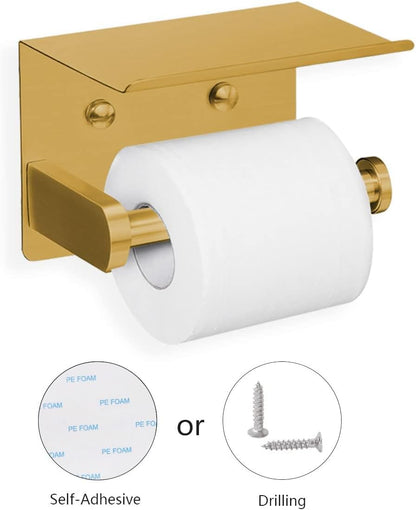 VAEHOLD Self Adhesive Toilet Paper Holder with Phone Shelf Stainless Steel Wall Mounted Toilet Paper Roll Holder - Rustproof and Bathroom Washroom Tissue Roll Holder with Shelf - Black