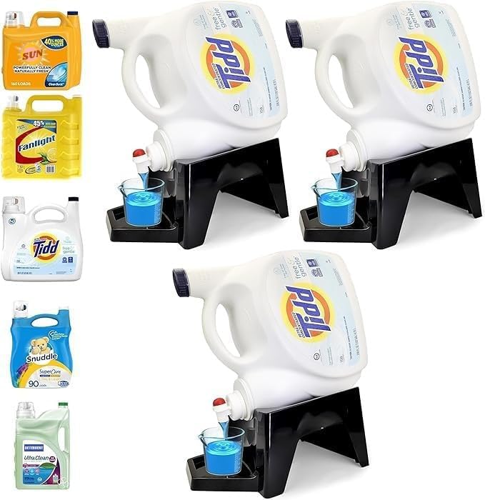 Liquid Laundry Detergent Holder Stand with Drip Tray - 1 Pack - Black | Easy Pouring, Rubber Feet, Angled Stand, Fabric Softener Dispenser for Laundry Room Organization & Storage