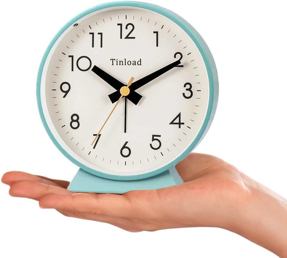 Tinload 4.5" Battery Operated Analog Alarm Clock, Small Silent Bedside Desk Clock with Night Light, Blue