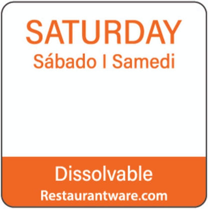 Restaurantware RW Smart 1 Inch x 1 Inch Food Rotation Labels 500 Dissolvable Food Safety Labels - Premium Trilingual Orange Paper Day Of The Week Labels For Food Storage Or Prep Saturday
