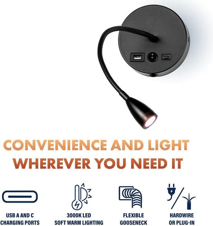 Newhouse Lighting 4.5 in. W x 15 in. H Cole Gooseneck Reading Light in Matte Black with USB-A and USB-C Charging Ports NHRL-CO-BLK, Bedside Lamp for Nightstands, Space-Saving Office Desk Accessory