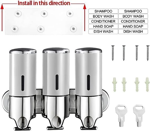 3 in 1 Chamber Wall Mounted Shampoo and Conditioner Dispenser (Silver) | No Drill Shower Soap Dispenser for Bathroom & Hotel Leak-Proof Pumps, Easy Installation and Large Capacity