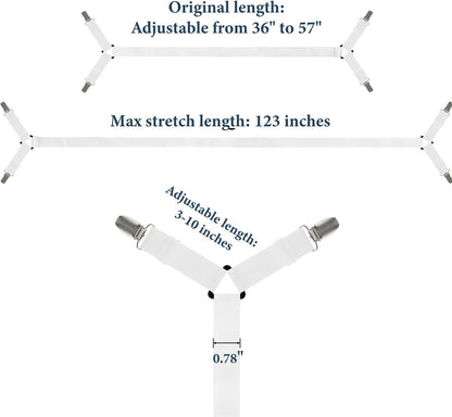Consss Bed Sheet Straps, Adjustable Durable Bed Sheet Holder Straps with Metal Clips, Elastic Sheet Holders Keep Sheets Firm & Tight 2PCS White