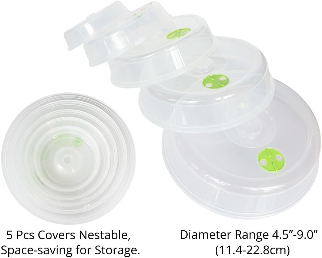 Microwave Covers 5 PCS, Microwave Splatter Cover, Dish Lid Plate Cover | Adjustable Steam Vent | Microwave Covers for Food | PP Material BPA Free | Microwave Oven Safe