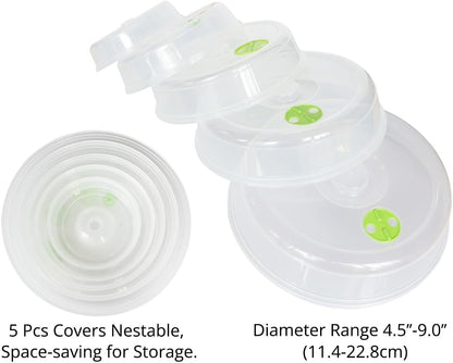 Microwave Covers 5 PCS, Microwave Splatter Cover, Dish Lid Plate Cover | Adjustable Steam Vent | Microwave Covers for Food | PP Material BPA Free | Microwave Oven Safe