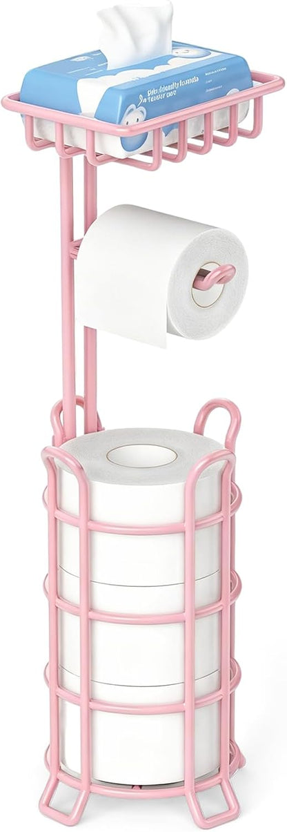 TomCare Toilet Paper Holder Free Standing with Shelf, Stable 4 Raised Feet | Stores 4 Mega Rolls, Tool-Free Assembly, Powder-Coated Metal Frame, Bathroom Storage Organizer for Spare Rolls, Silver