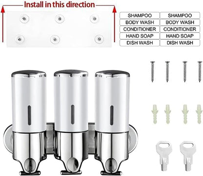 3 in 1 Chamber Wall Mounted Shampoo and Conditioner Dispenser (Silver) | No Drill Shower Soap Dispenser for Bathroom & Hotel Leak-Proof Pumps, Easy Installation and Large Capacity