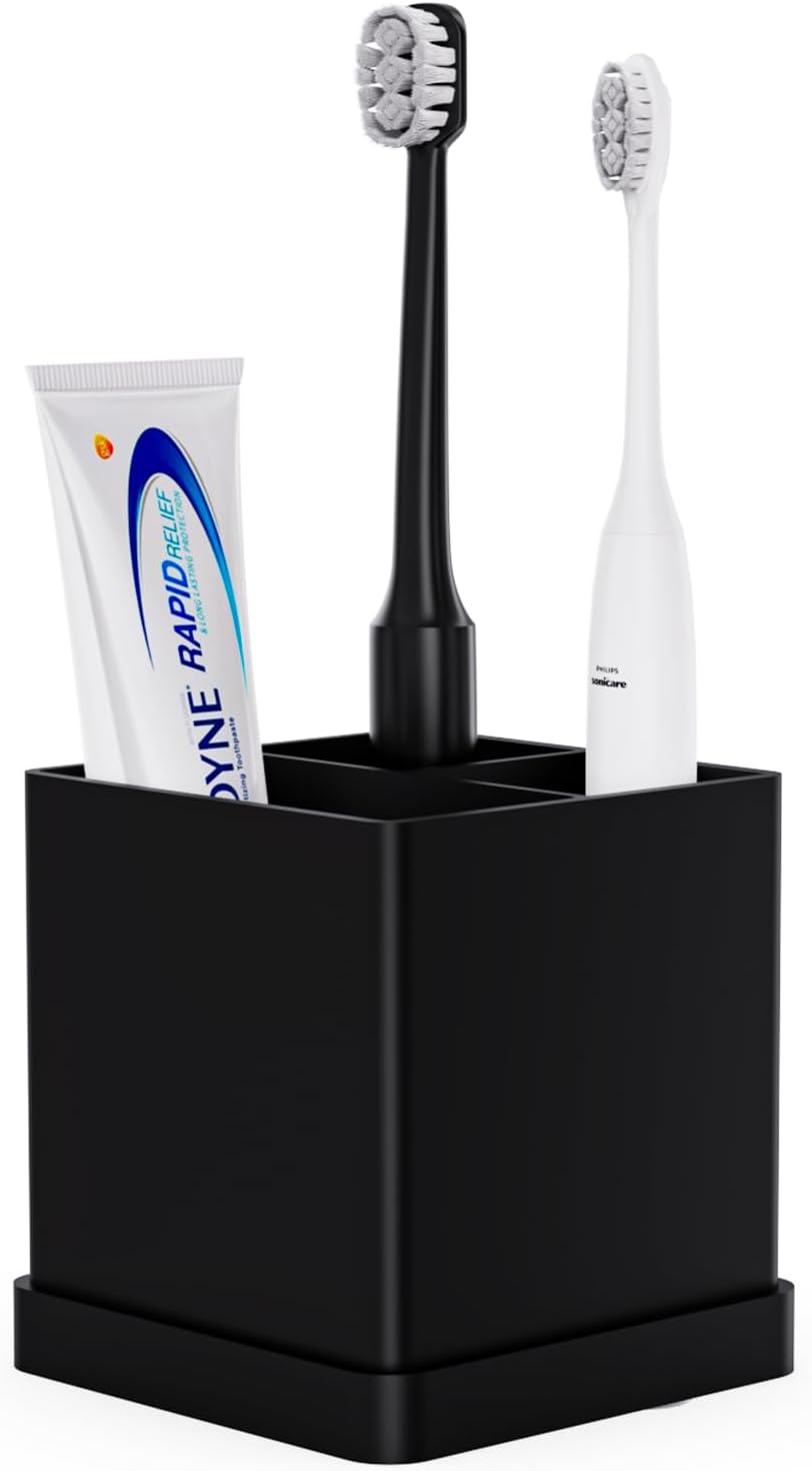 Silicone Toothbrush Holders for Bathrooms with Drainage Tray, White Marble | 3 Slots Unbreakable Countertop Electric Tooth Brush and Toothpaste Holder Organizer Stand, Marble Bathroom Accessories Decor