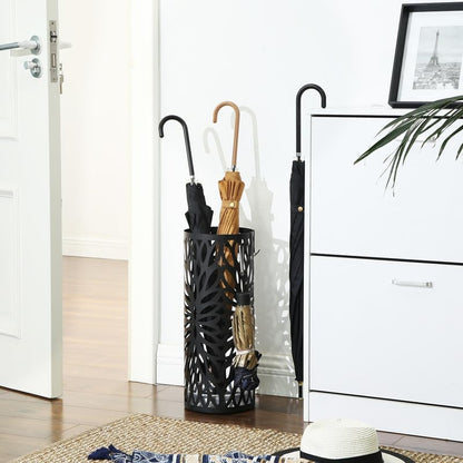 SONGMICS Umbrella Stand, Umbrella Holder for Entryway, Steel Square Umbrella Rack Organizer Freestanding, for Canes Walking Sticks, with a Detachable Drip Tray, 4 Hooks, Black ULUC026B33