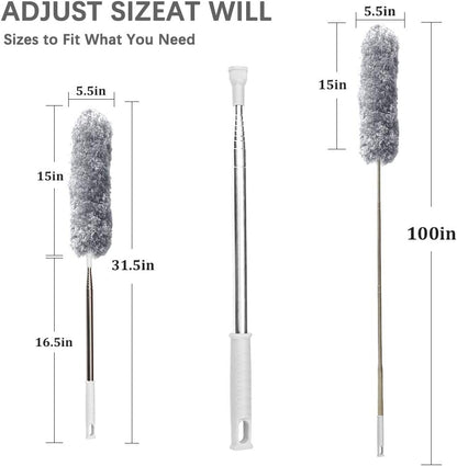 Cobweb Duster with Extension Pole 100 inches, Dusters for Cleaning with 2 Duster Heads, Washable Microfiber Feather Duster for Cleaning Ceiling Fan, High Ceiling, Blinds, Furniture & Cars