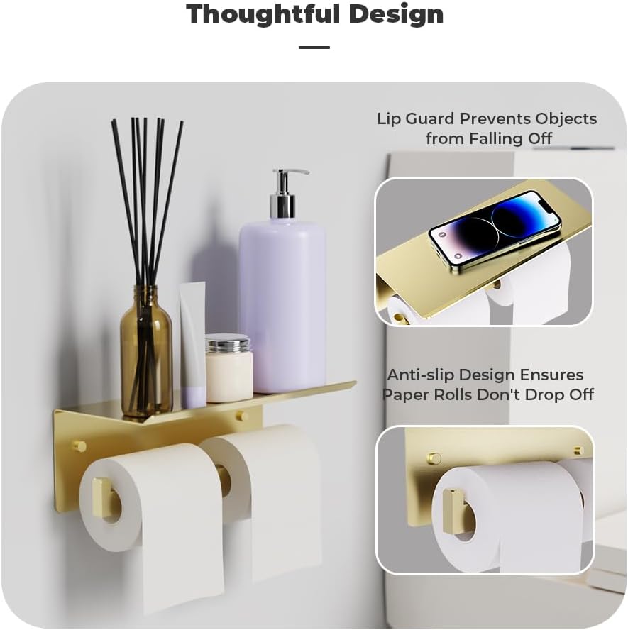 Double Toilet Paper Holder with Shelf, FreshGlow Large Tissue Holder Brushed Nickel, Wall Mount Commercial Toilet Paper Dispenser Phone Shelf Stainless Steel, Tissue Roll for Bathroom