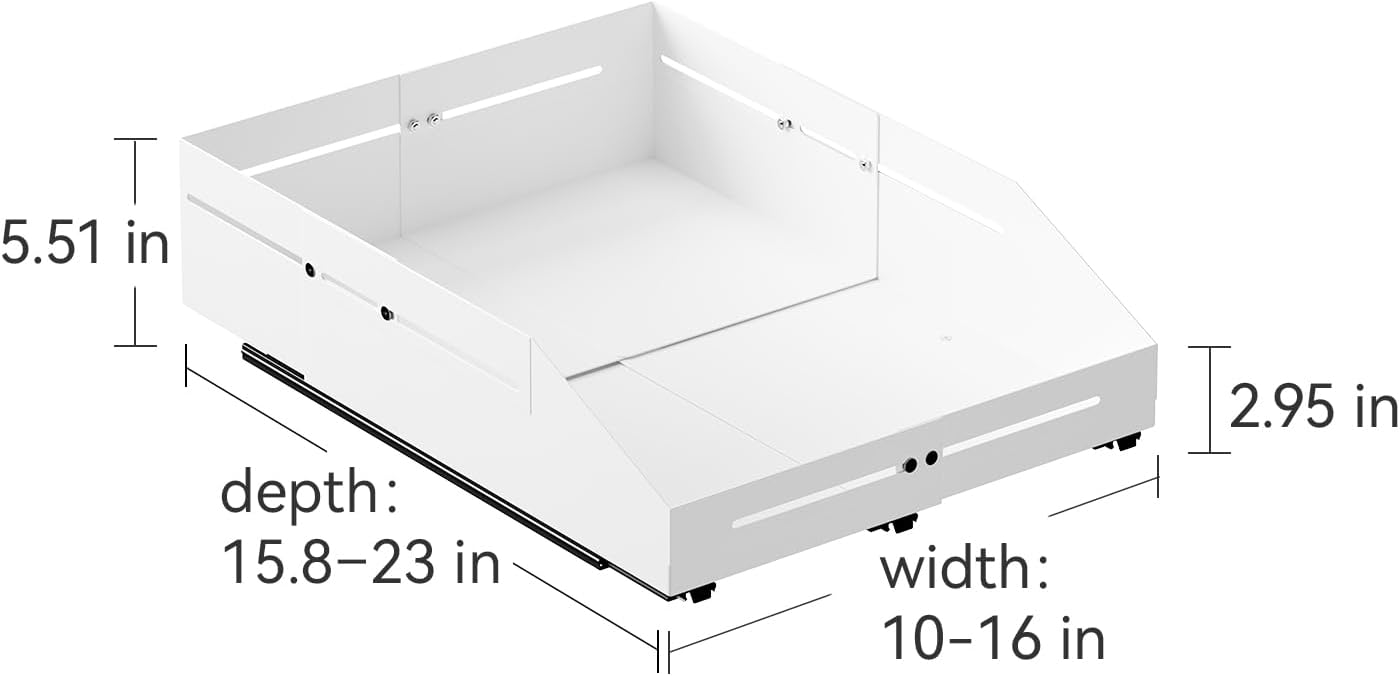 Pull out Cabinet Organizer, Full Metal Expandable Width (14.8"-20.8") & Depth (12.4"-17.7") Adjustable Slide out Drawers, No Drill Adhesive Roll out Shelves for Kitchen Pantry, White